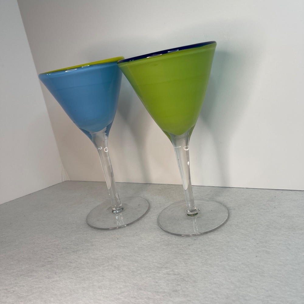 Margarita Martini Cocktail Blown Glass Base Rim Blue and Green Set of 2 - Picture 3 of 12